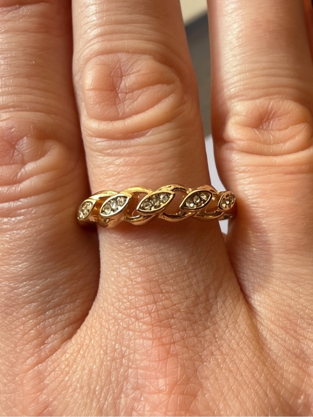 Vintage Gold Tone Chain Link Rhinestone Stacker Ring Size 11